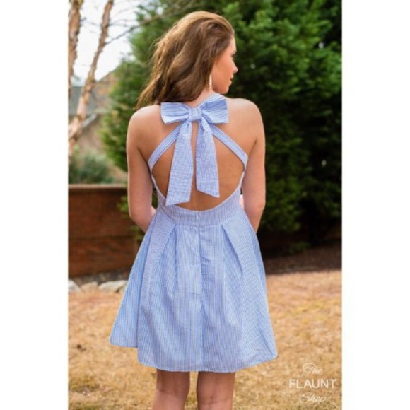 blue and white seersucker dress